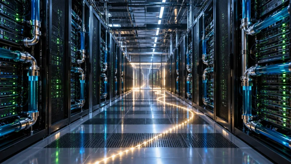 AI-generated conceptual illustration of liquid-cooled AI server racks and an illuminated path representing stronger preliminary financial estimates.