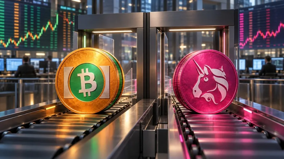 AI-generated conceptual editorial illustration of Bitcoin Cash and Uniswap tokens entering a regulated futures market through a structured exchange gateway.