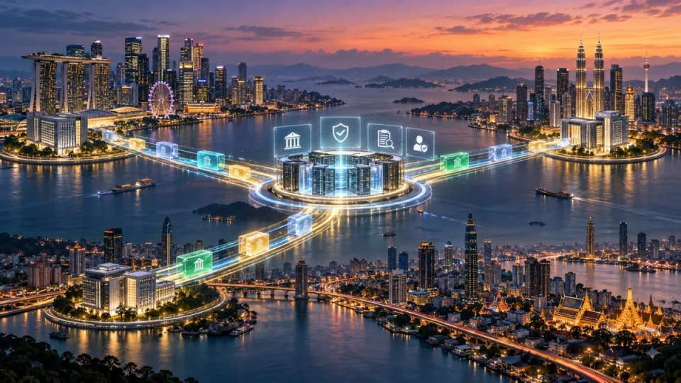 Conceptual illustration of regulated digital-money rails linking Singapore, Malaysia and Thailand across a secure regional settlement network.