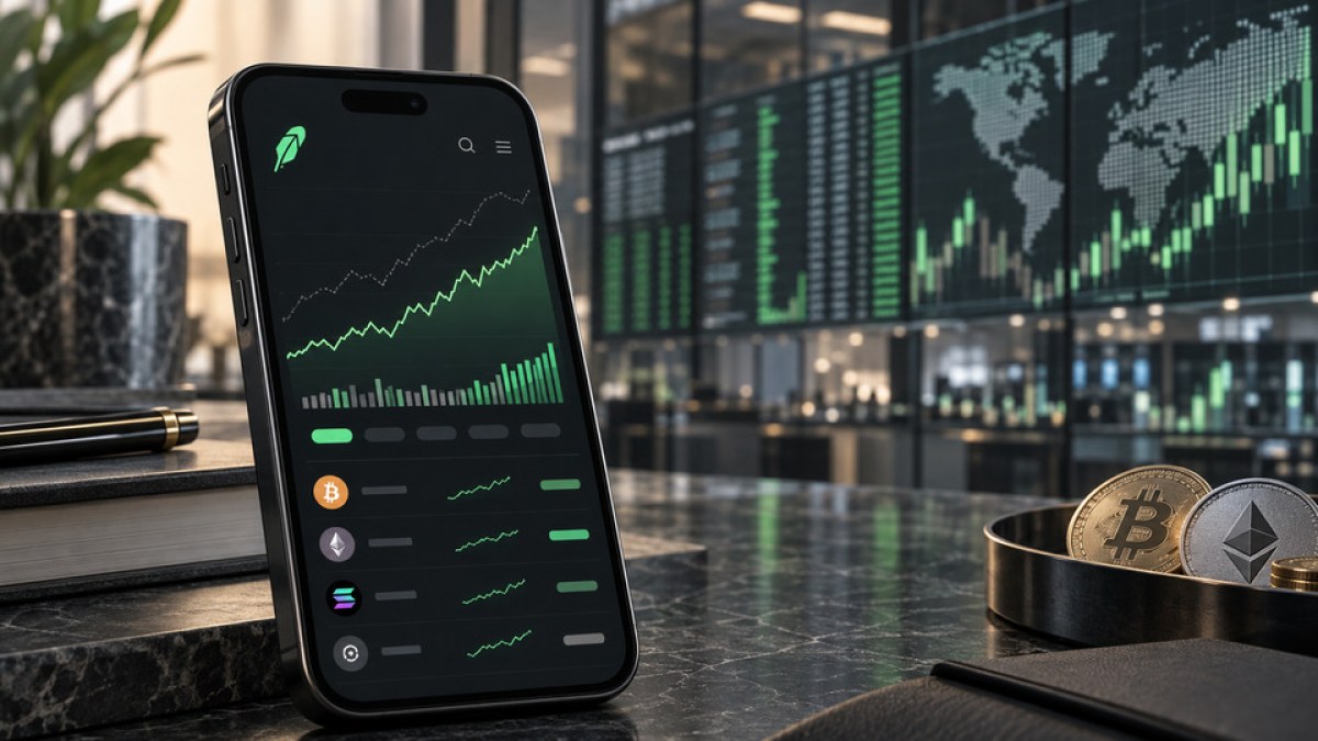 AI-generated illustration of a mobile crypto trading dashboard beside an institutional market data wall