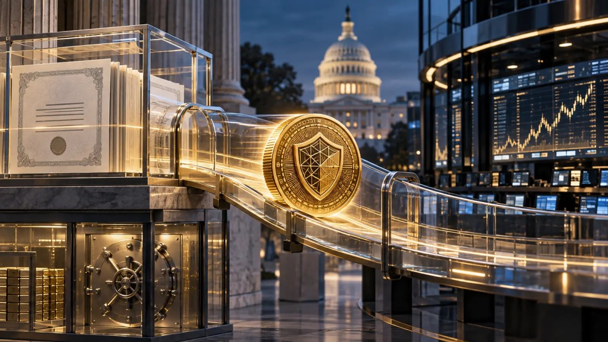 AI-generated illustration of a privacy-focused digital coin moving through a regulated fund structure toward an electronic exchange