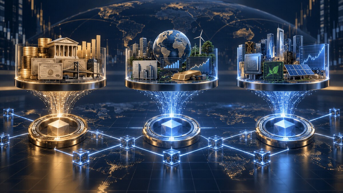 Editorial illustration of three diversified investment portfolios represented as connected onchain tokens