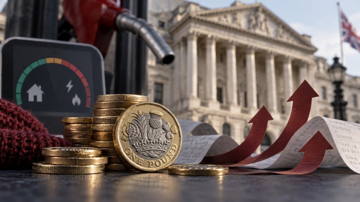 AI-generated editorial image of pound coins, an energy meter and fuel nozzle before central-bank columns