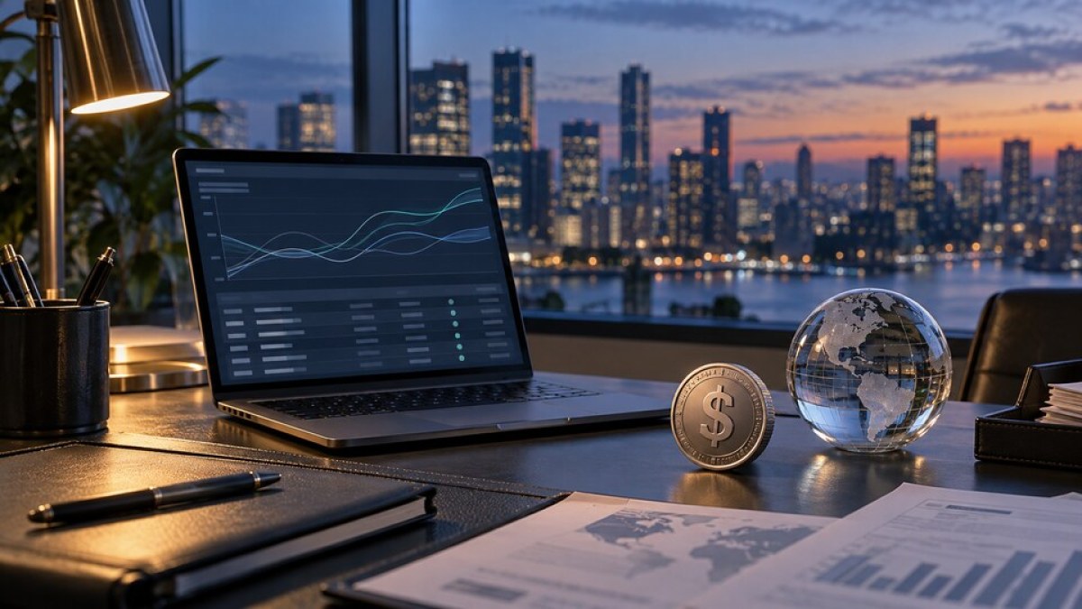 AI-generated conceptual image of a corporate treasury desk with a dollar token, cash-flow display and global settlement sphere.