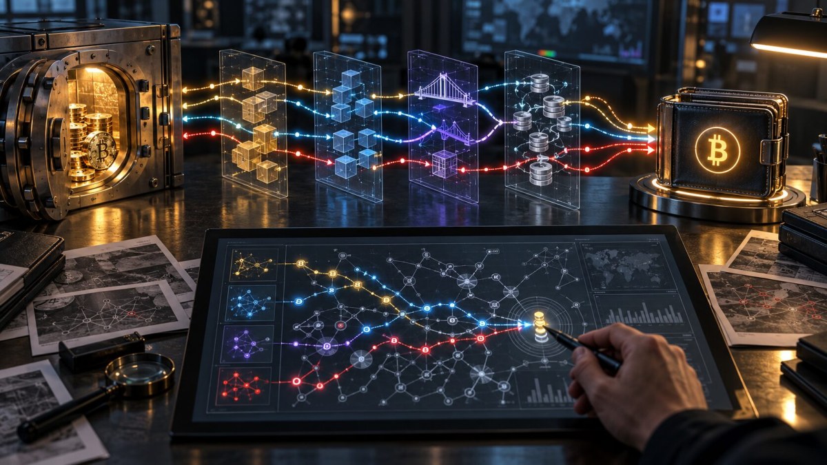 AI-generated editorial illustration of investigators tracing stolen crypto through four blockchain pathways into monitored Bitcoin wallets