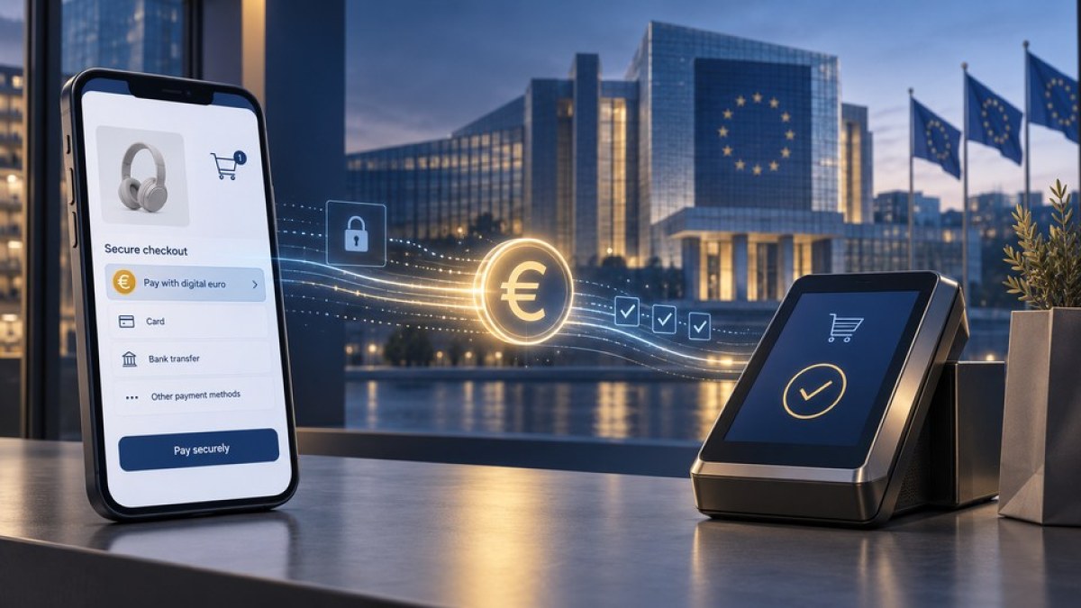 AI-generated editorial illustration of a digital euro moving from a mobile checkout to a merchant payment terminal.