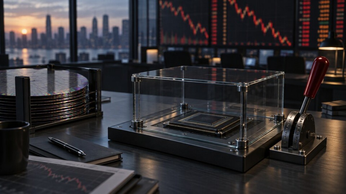 Conceptual editorial image of an AI chip under a glass safety cover beside a brake lever and falling market charts