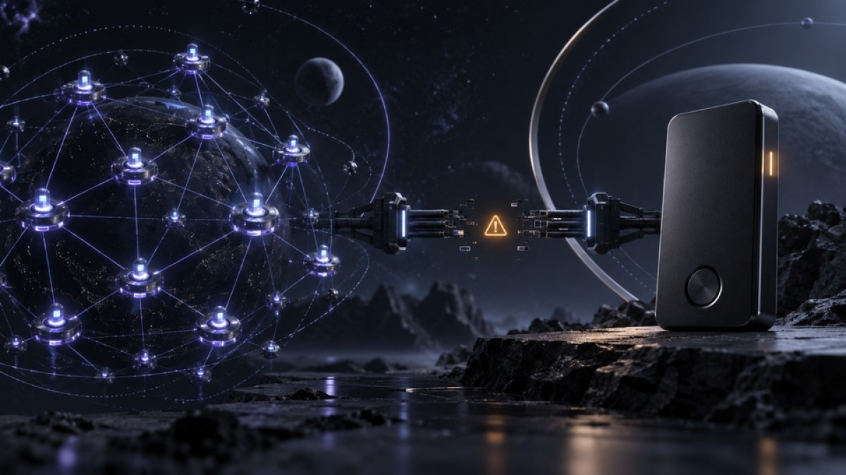 Conceptual editorial image of an active Cosmos network separated from an unavailable hardware-wallet interface