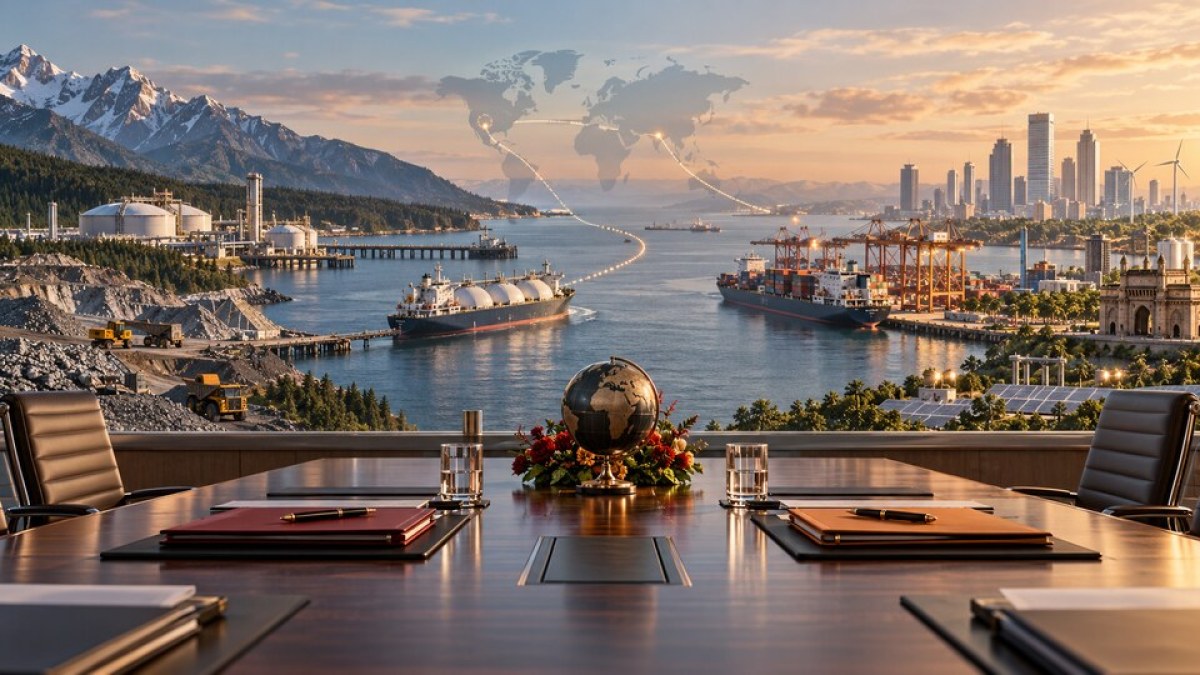 AI-generated editorial image of a Canada-India trade table overlooking LNG, mining, shipping and clean-energy infrastructure.