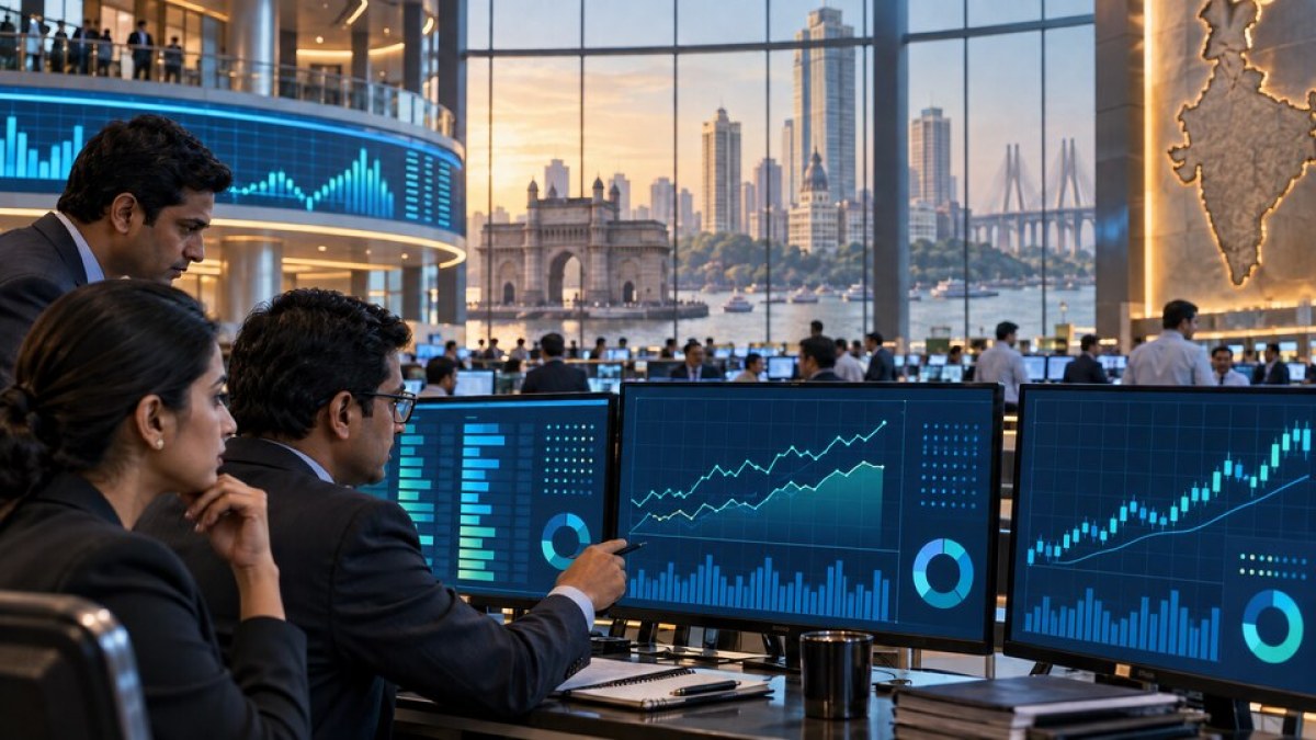AI-generated editorial image of analysts reviewing abstract market data inside a modern Mumbai exchange hall.