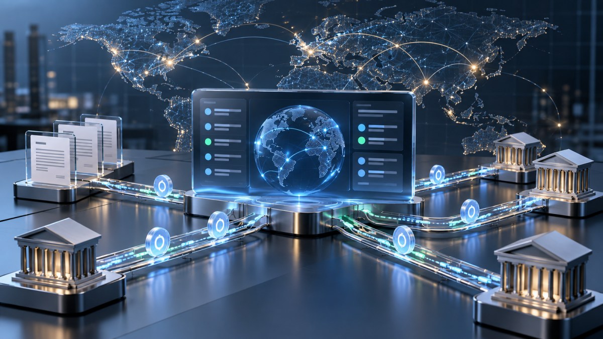 AI-generated illustration of an enterprise payment dashboard connecting invoices, banks and global digital settlement routes