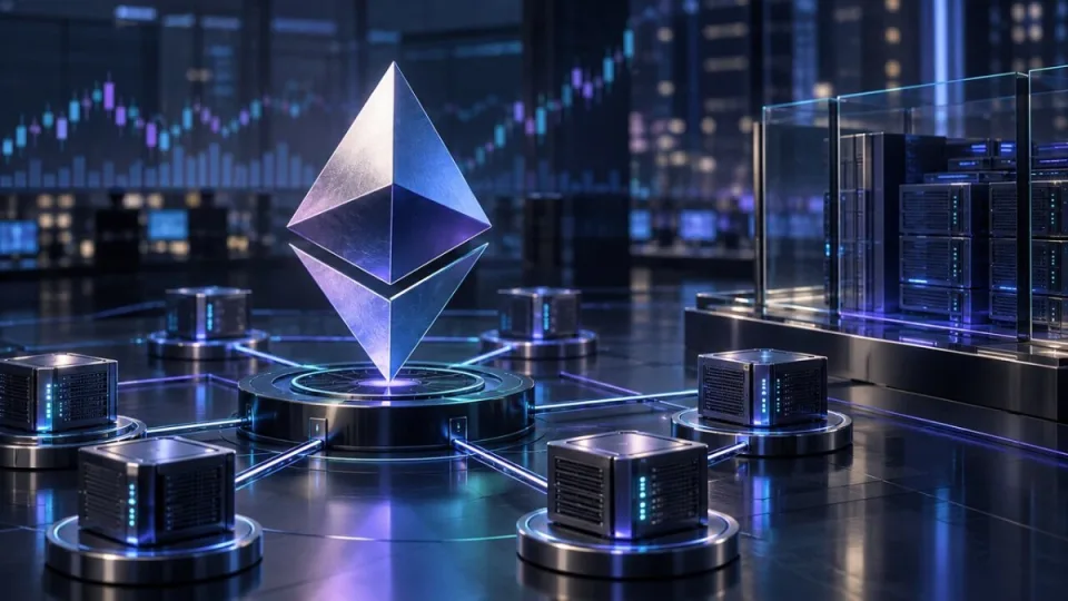 Conceptual illustration of Ethereum staking infrastructure connected to an institutional electronic brokerage environment