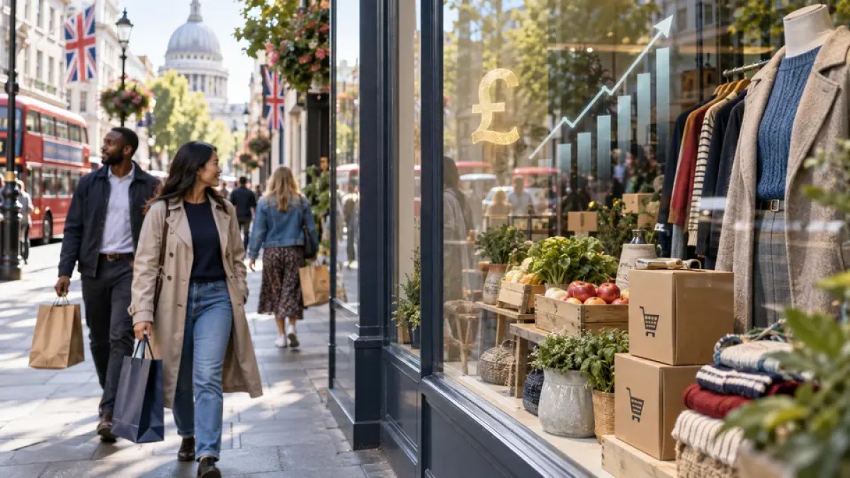 AI-generated editorial image of shoppers on a British high street beside a retail window with an upward sales motif.