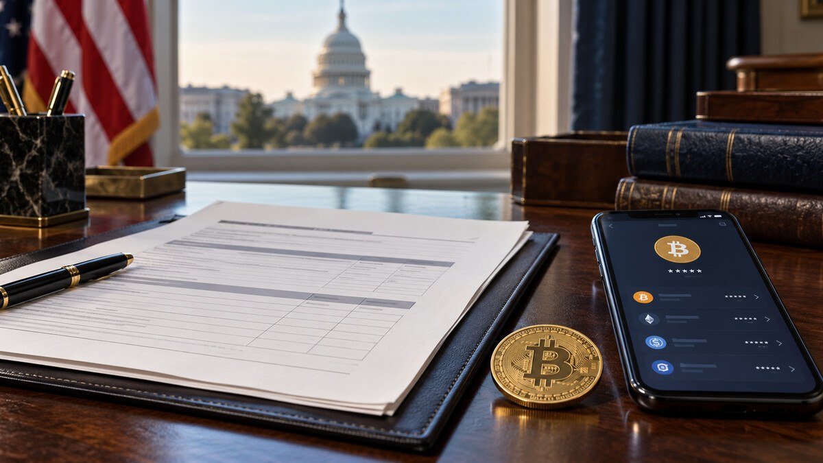 Conceptual government-office desk with a financial disclosure form, a generic crypto wallet on a phone and a Bitcoin coin