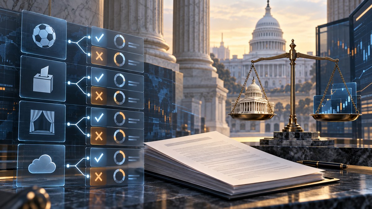 AI-generated conceptual illustration of binary event-contract tickets moving between a federal regulatory building and a digital trading screen.
