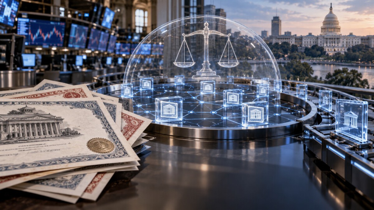 Conceptual image of U.S. stock certificates entering a transparent regulated blockchain trading network near the Capitol.