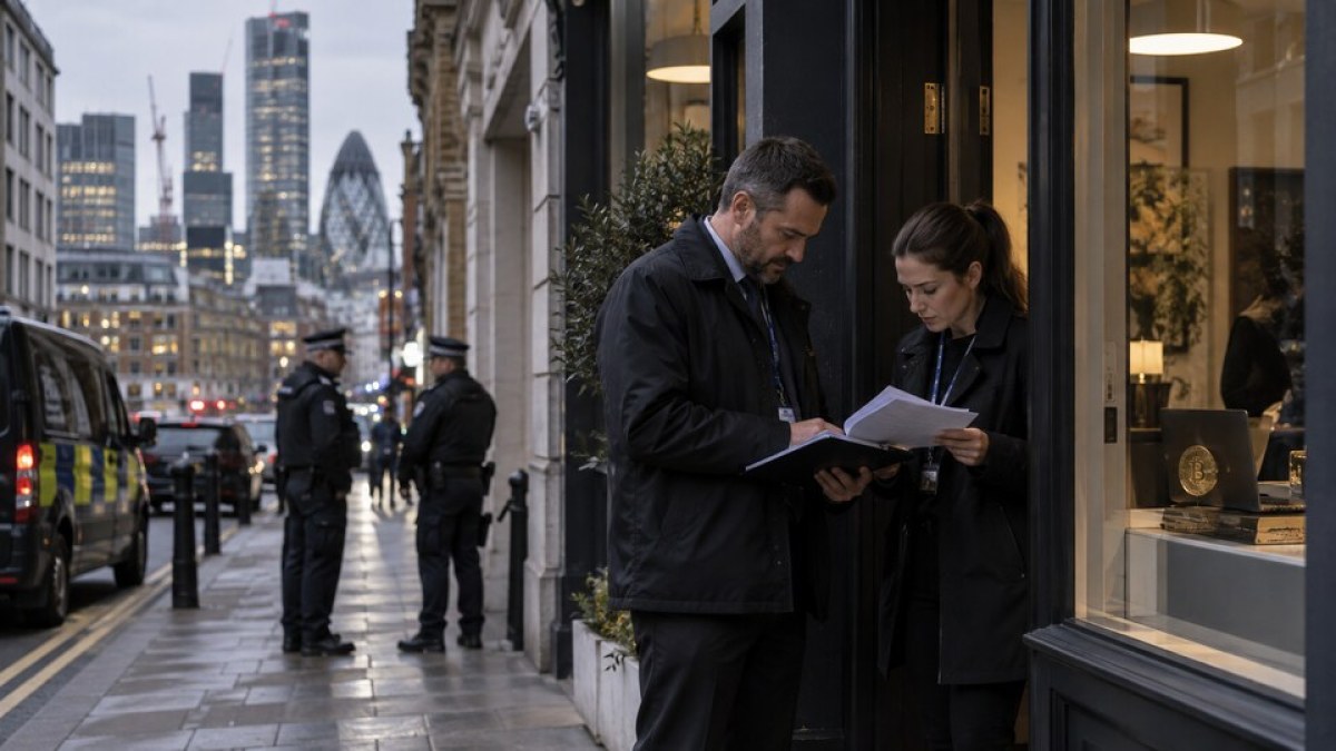 AI-generated conceptual image of investigators reviewing documents outside a London premises linked to suspected unregistered crypto trading.