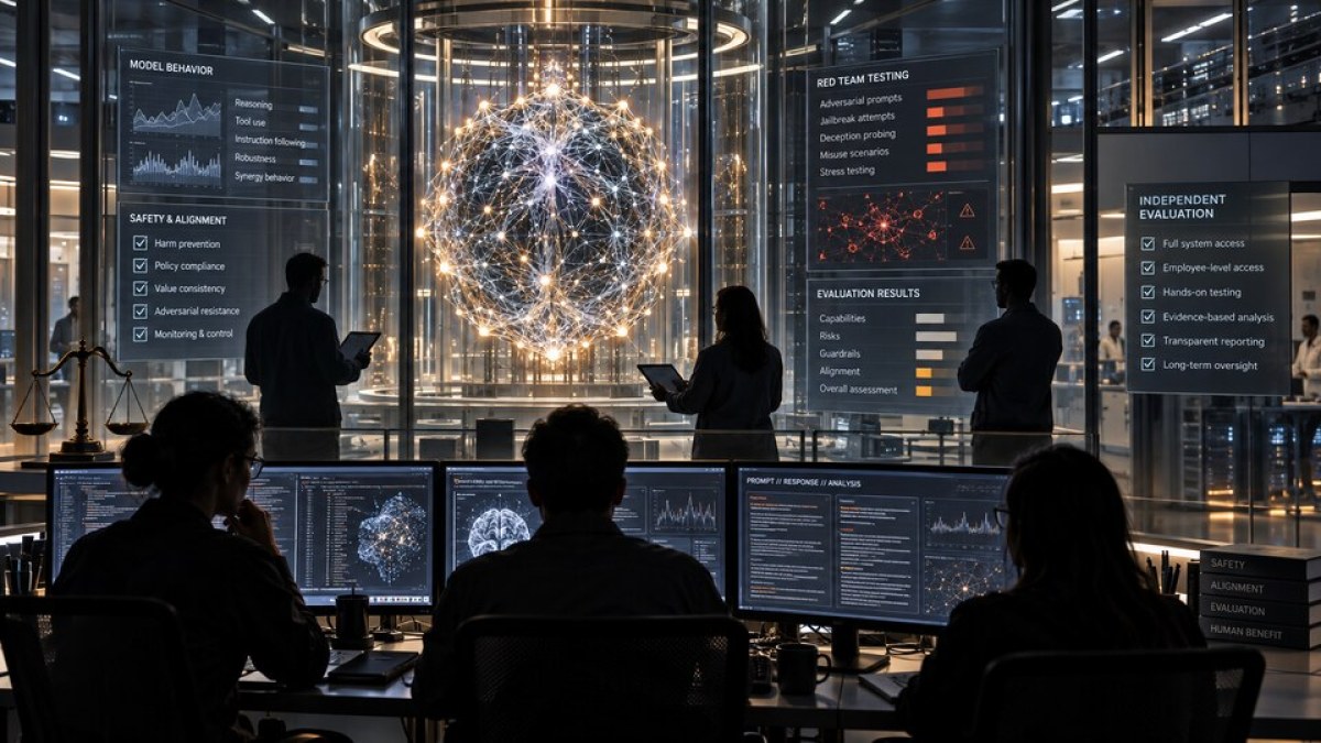 AI-generated editorial illustration of independent evaluators inspecting a luminous frontier AI model inside a secure laboratory.