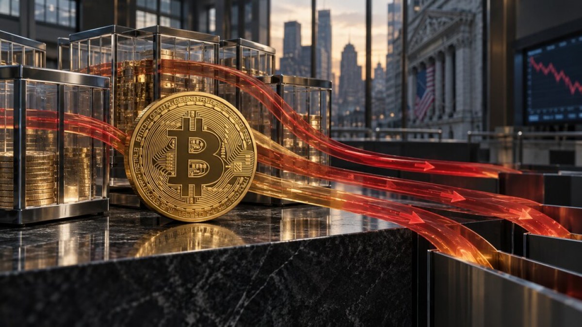 Conceptual editorial illustration of capital flowing out of glass ETF baskets beside a gold Bitcoin coin