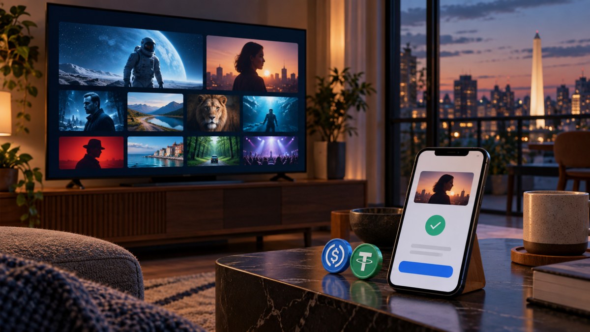 AI-generated editorial illustration of a streaming screen, smartphone payment confirmation and USDC and USDT symbols in a Buenos Aires apartment