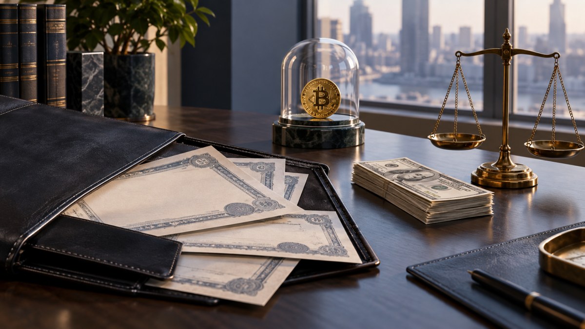Conceptual treasury desk with preferred-share certificates, cash, scales and an untouched Bitcoin reserve under glass