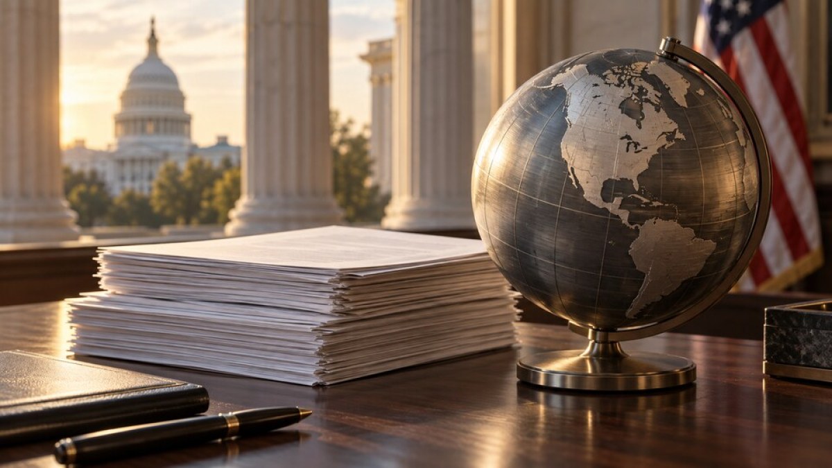 AI-generated conceptual image of financial papers, a metal globe and an American flag representing U.S. multinational tax reporting.