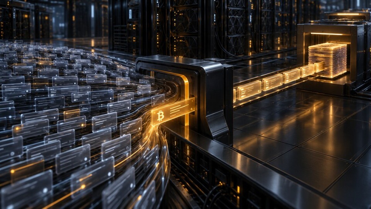 AI-generated editorial illustration of a delayed Bitcoin transaction entering an accelerated mining lane