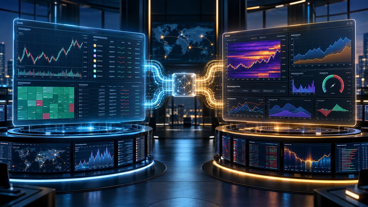 Two financial data platforms linked through a unified crypto market analytics interface