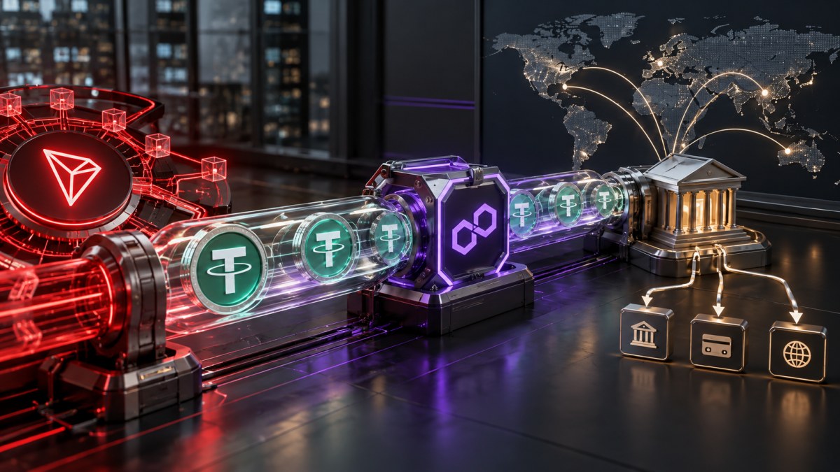 AI-generated editorial illustration of USDT moving from a TRON network through Polygon routing infrastructure to global bank payouts.