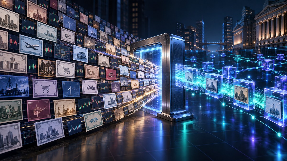 AI-generated conceptual illustration of a broad stock market flowing through a secure gateway into a blockchain network