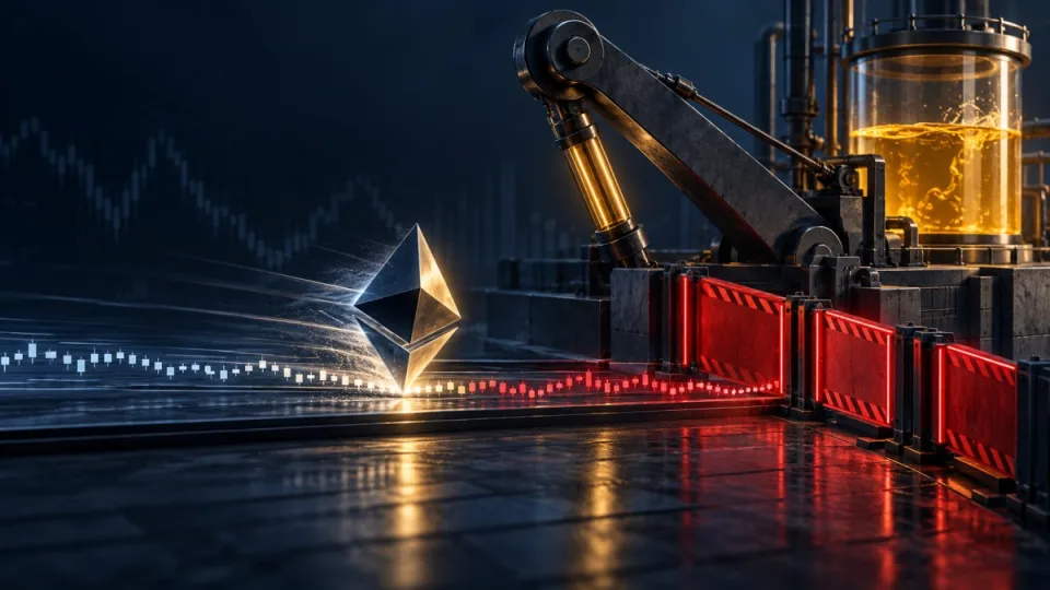 Conceptual editorial illustration of a high-leverage crypto trading terminal beside a shared liquidity reservoir and red risk-limit barriers, with no readable text