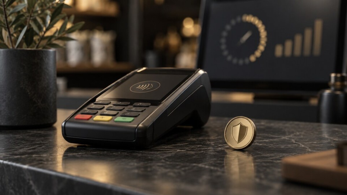 AI-generated conceptual image of a payment terminal and a gold privacy-shield token on a shop counter, representing faster private payments.