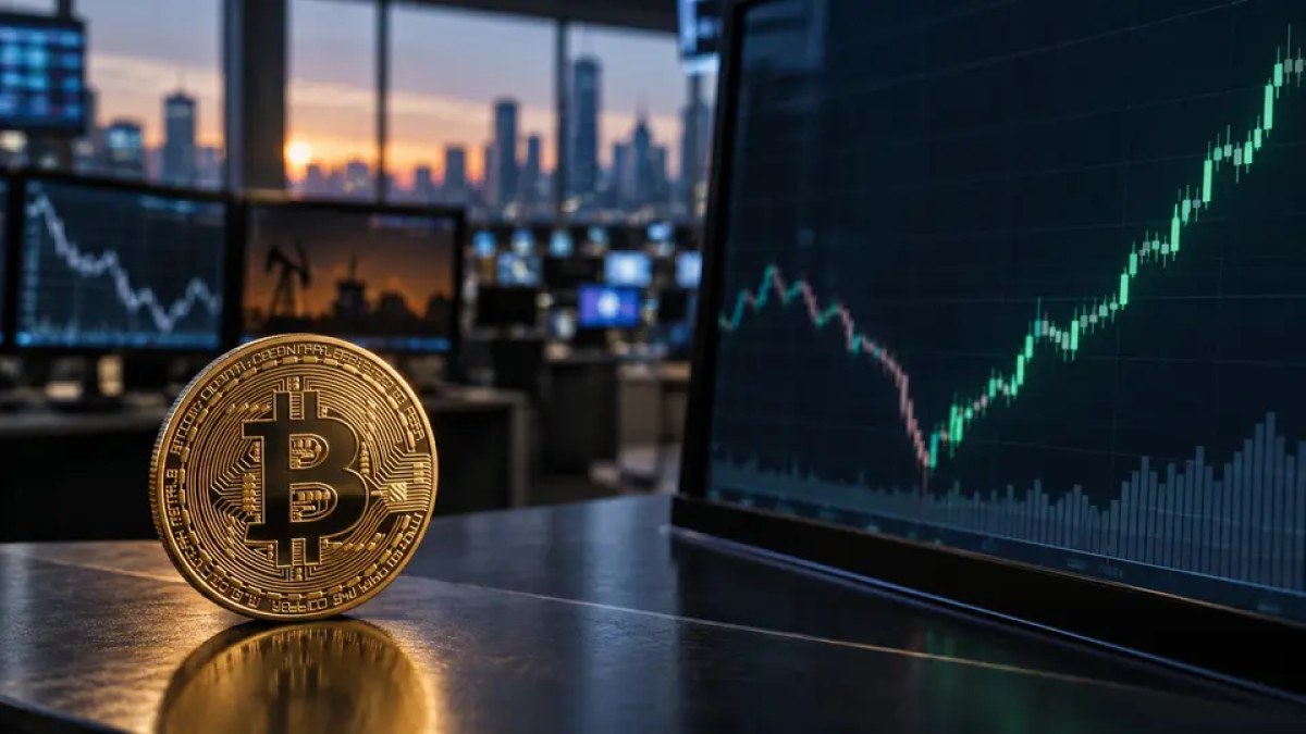 AI-generated conceptual editorial image of a Bitcoin token beside a market screen showing a sharp rebound.