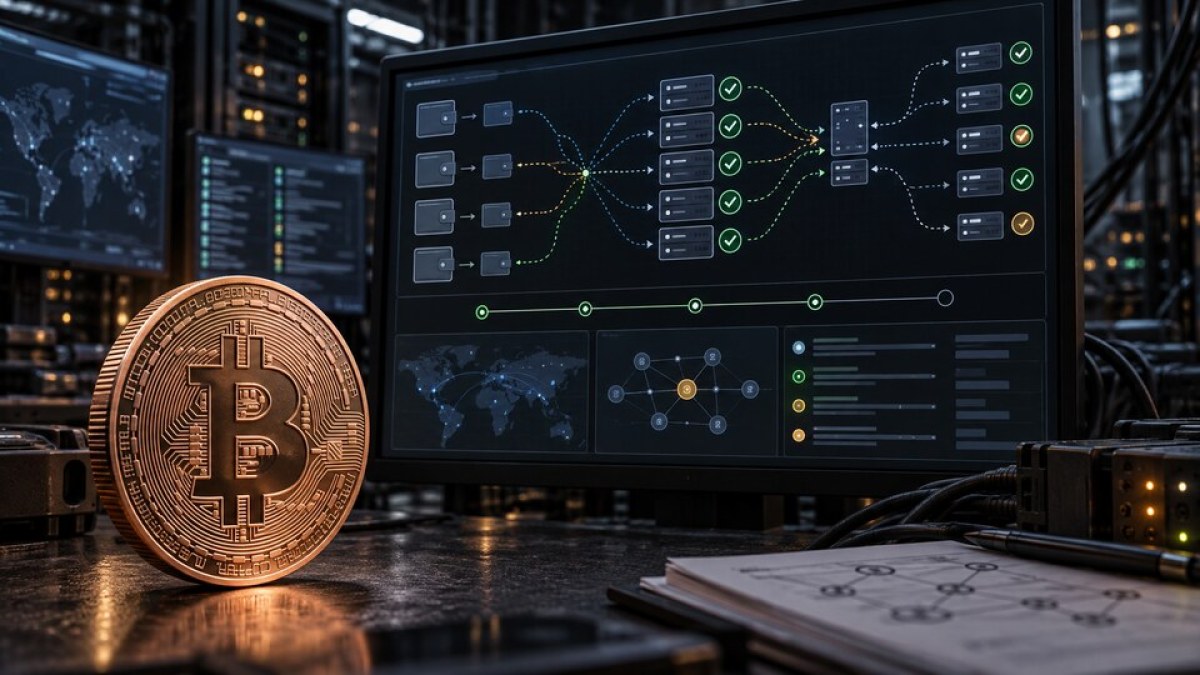 Conceptual editorial illustration of a Bitcoin coin beside a monitor showing wallet and node compatibility tests