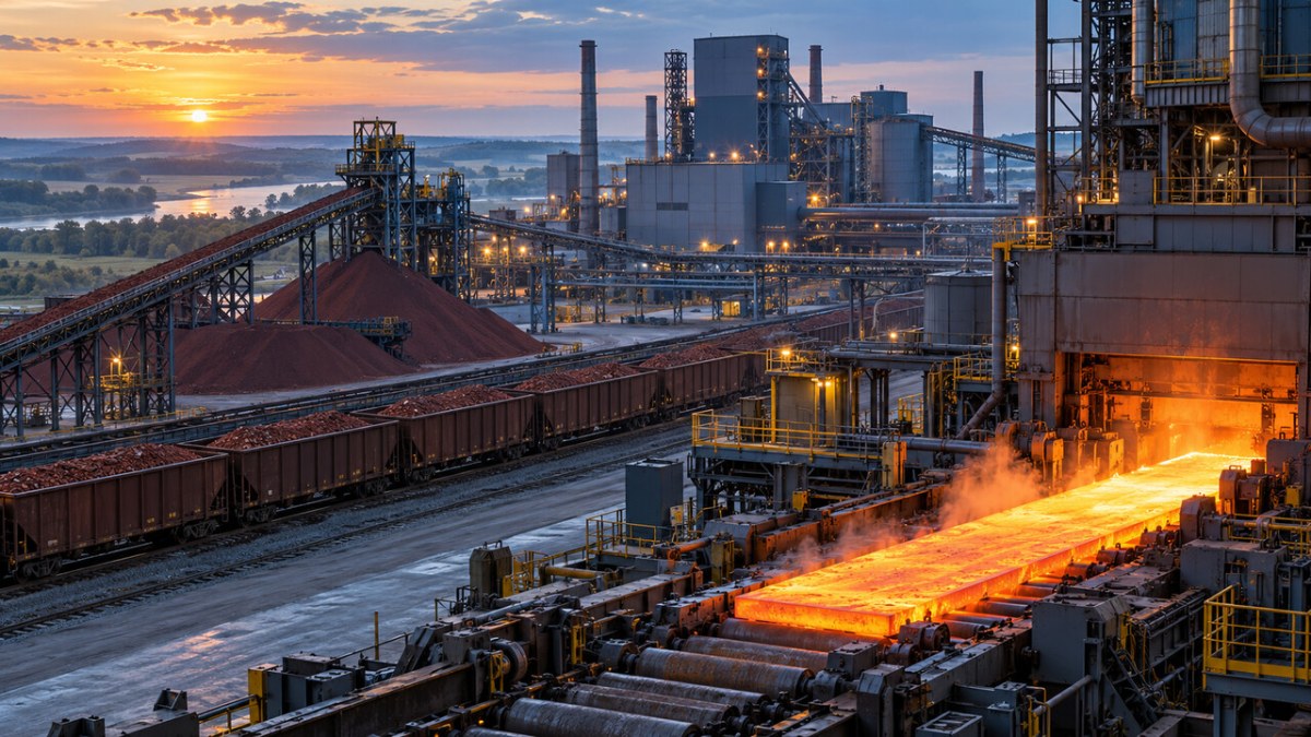 Conceptual view of a modern Midwestern steel mill processing iron ore beside rail lines at sunrise