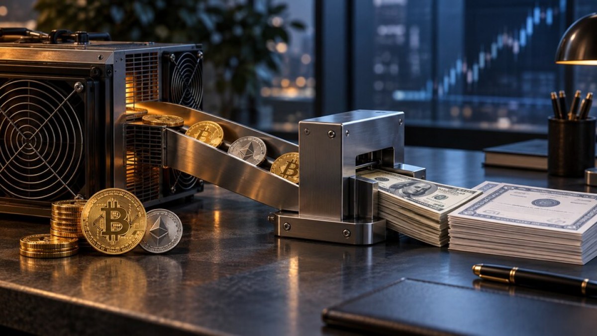 Conceptual image of bitcoin mining equipment converting crypto tokens into cash and share certificates