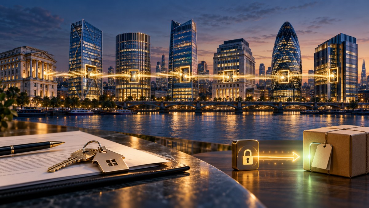 AI-generated conceptual illustration of seven London banks linked by a secure payment rail, with house keys and an escrow-style parcel transaction.