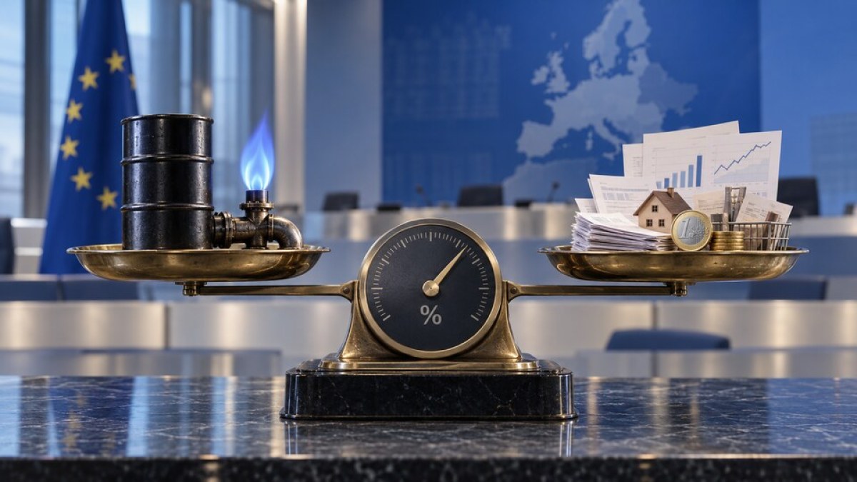 AI-generated conceptual image of a balance weighing oil and gas against household costs and economic data in a European central-bank setting.