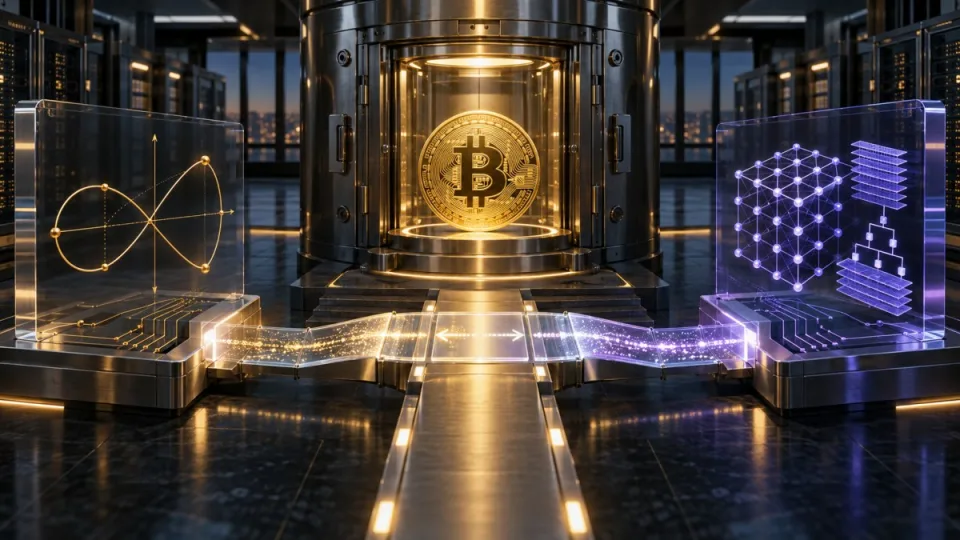 AI-generated conceptual illustration of Bitcoin custody migrating from classical cryptographic keys to a post-quantum security architecture.