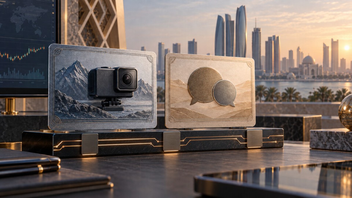 AI-generated editorial illustration of two digital certificate panels linked to an Abu Dhabi trading system