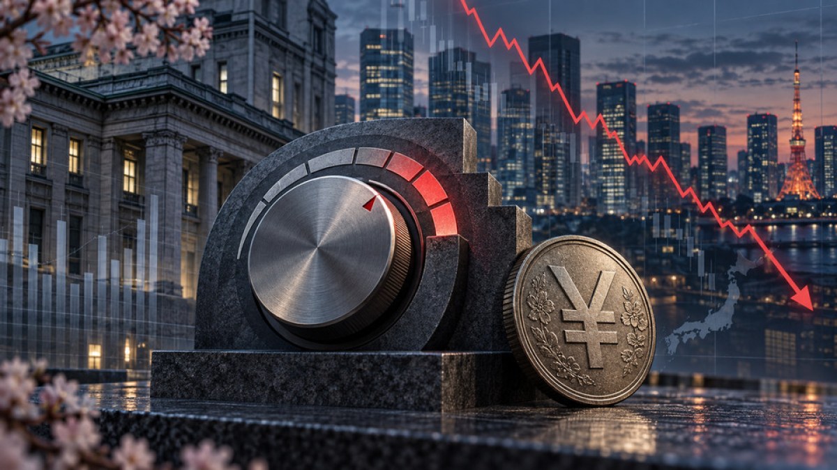 AI-generated editorial image of a rising interest-rate dial beside a yen coin as a currency chart falls over Tokyo.