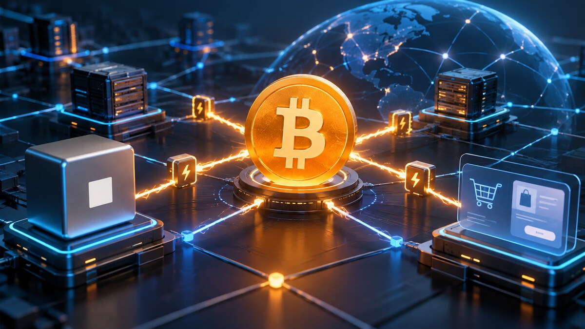 Conceptual Bitcoin coin linked by Lightning payment channels to servers and an online checkout across an open web network