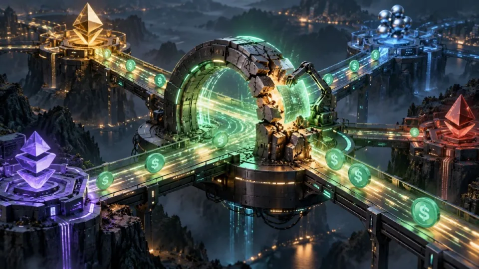 AI-generated conceptual image of a damaged cross-chain gateway being repaired as digital asset routes resume around it.