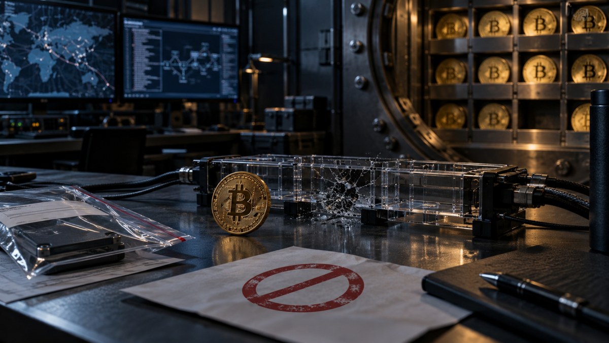 A conceptual Bitcoin reserve vault and damaged sidechain bridge under forensic examination