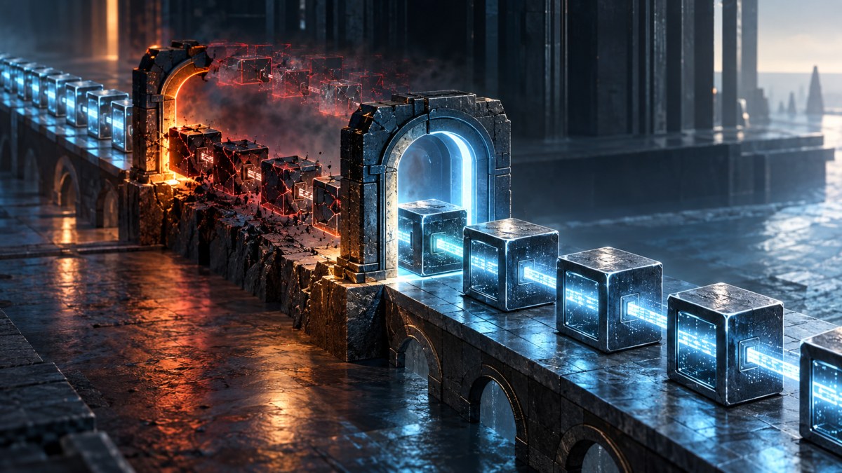 AI-generated conceptual image of a damaged blockchain path restarting through a secure recovery gateway