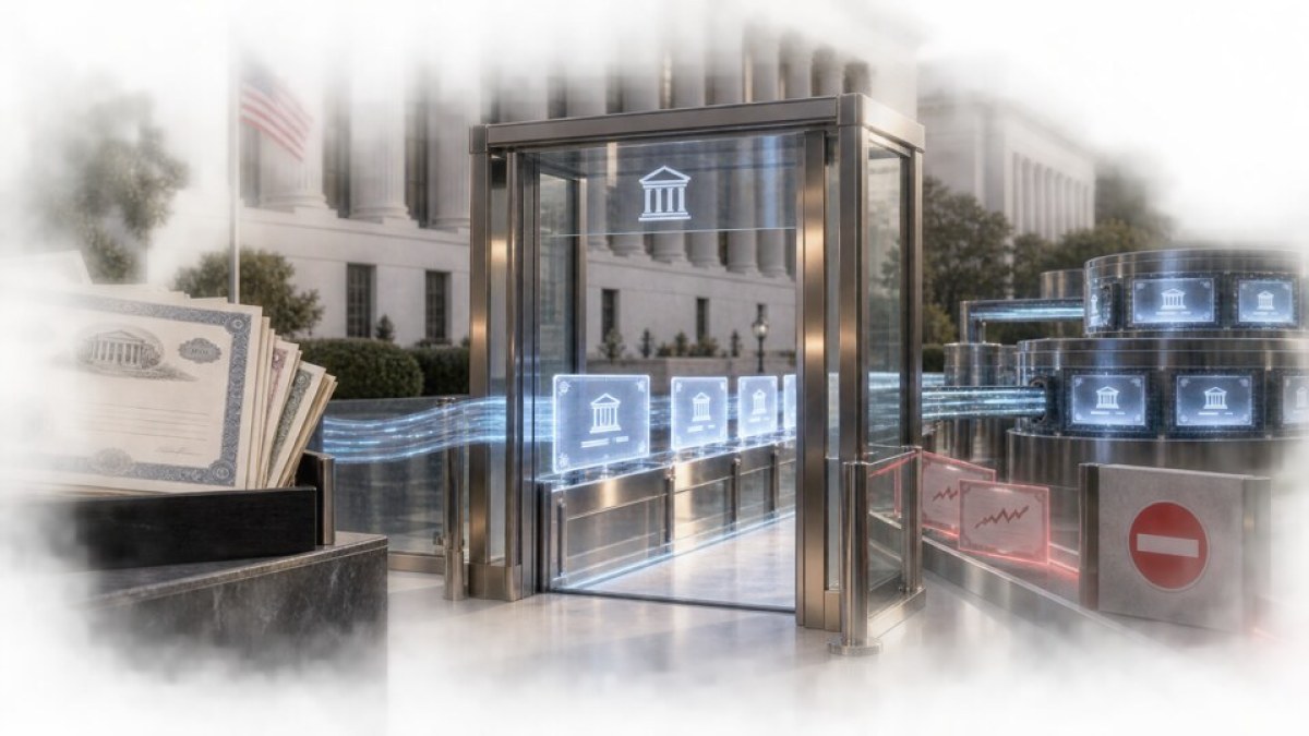 AI-generated conceptual image of U.S. stock certificates passing through a regulated gateway into secure onchain market infrastructure.