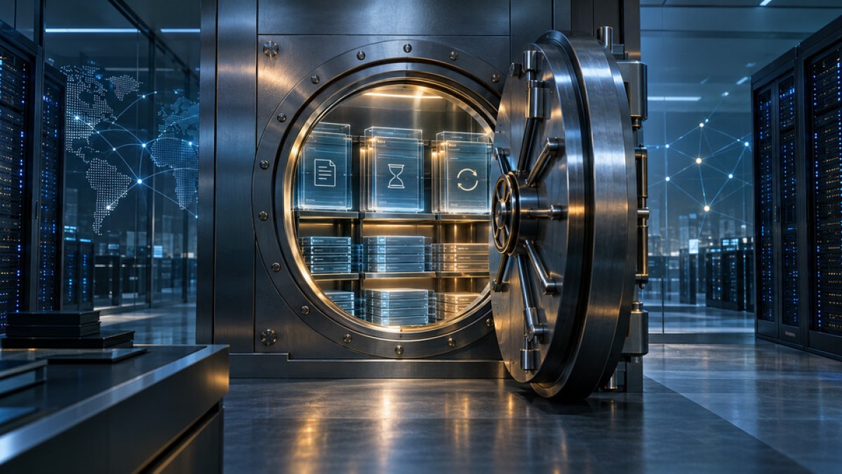 AI-generated conceptual image of a secure digital lending vault connected to distributed ledger servers.