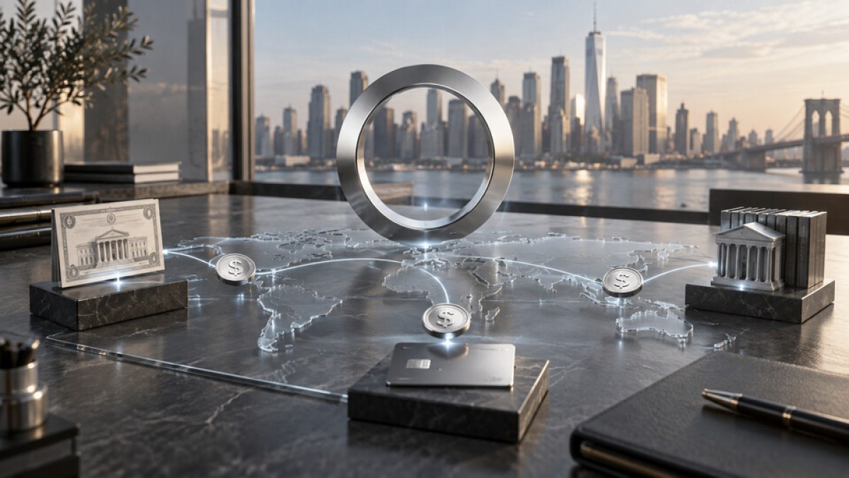 AI-generated editorial image of dollar payment rails crossing a glass world map beneath a silver ring