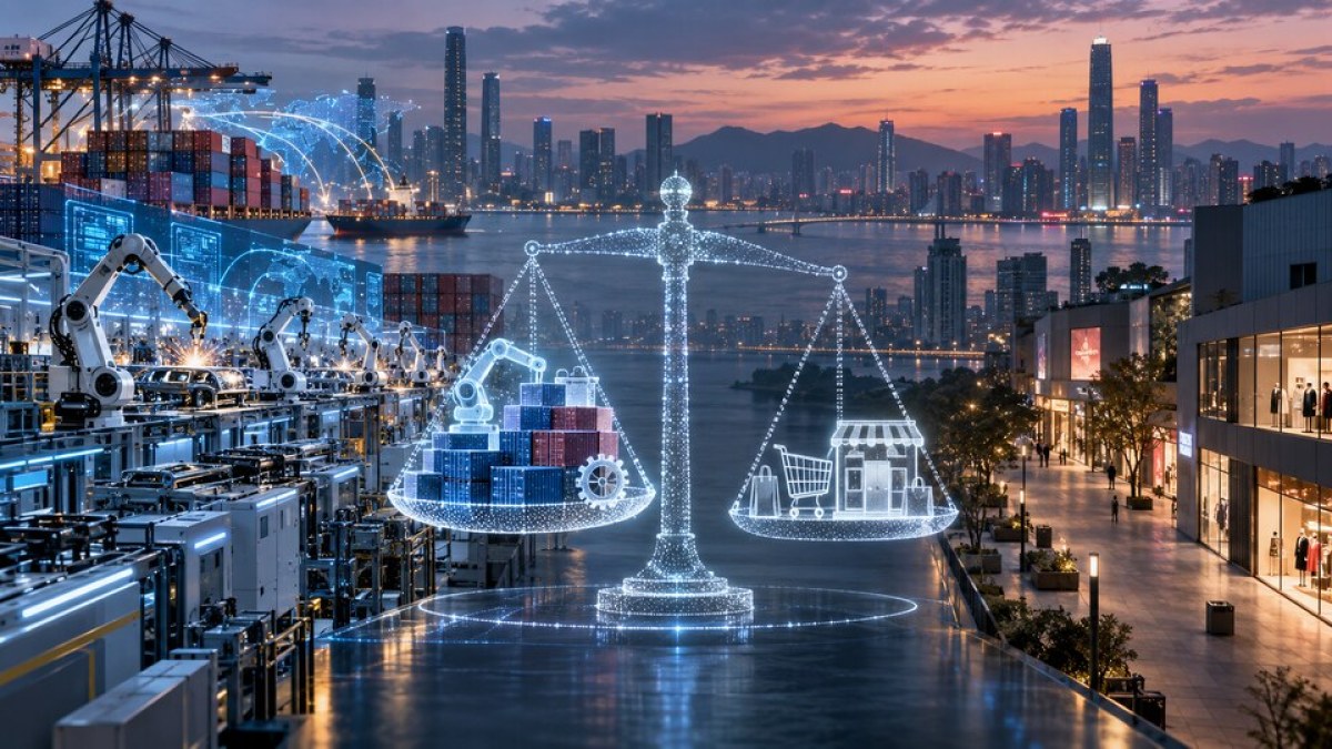 AI-generated conceptual image of automated production and export containers outweighing a subdued consumer district in China.
