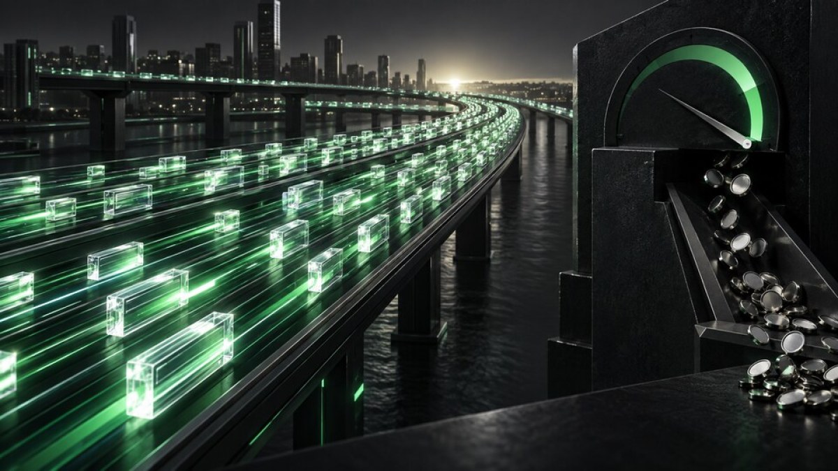 AI-generated editorial illustration of dense blockchain transaction lanes remaining busy while a fee gauge falls sharply.